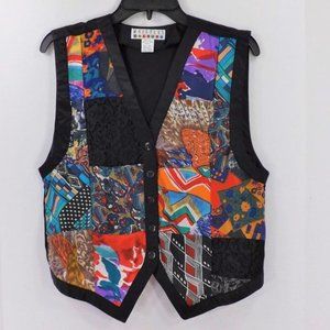 Whistles Colour Black Pure Silk Boho Patchwork Neon Colorful Button Vest Top M/L